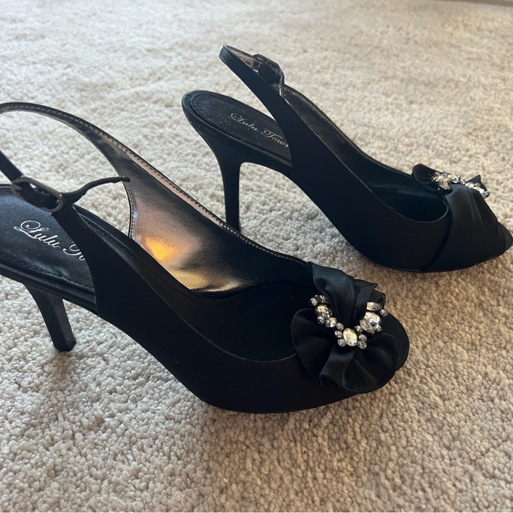 Black open toed heels rhinestones 7.5
